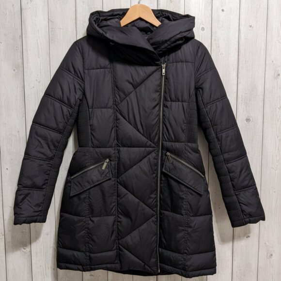 FRENCH CONNECTION Black Hooded Puffer Jacket Parka Women Sz(M) Asym.Quilted Coat - Picture 2 of 8